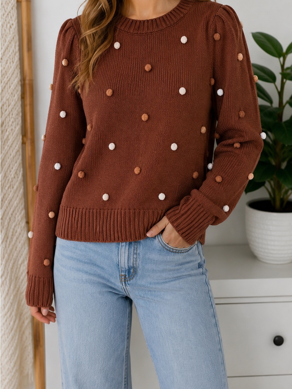 Blu Pepper Brown Sweater with Pom-Poms